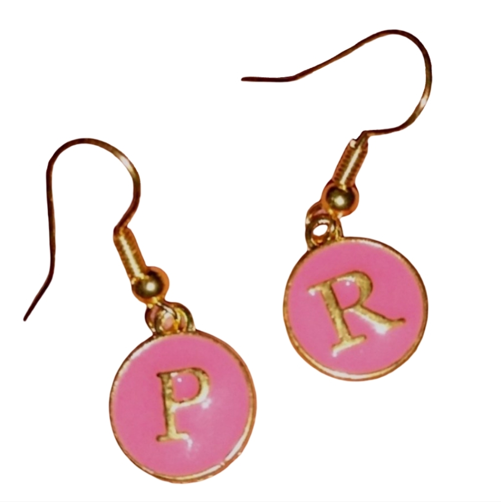 Choose Any Initials Personalized Gift Earrings Pink Enamel Initial Round Charms